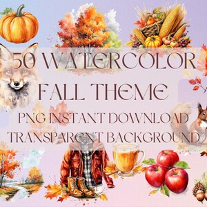 50 Watercolor Fall PNG Digital Download Autumn Clipart Commercial Use Seasonal Aesthetic Transparent Background