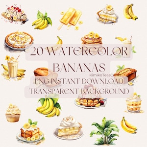 Aquarell Bananen PNG Clipart Sofortiger digitaler Download Kommerzielle Nutzung Bananen Desserts Milchshake Pie Eis am Stiel Transparenten Hintergrund