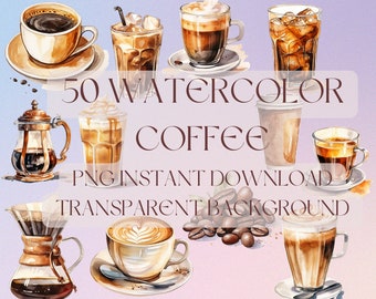 50 Watercolor Coffee Clipart PNG Latte Cafe Espresso Coffee Beans Transparent Background Commercial Use Clip Art Cappuccino