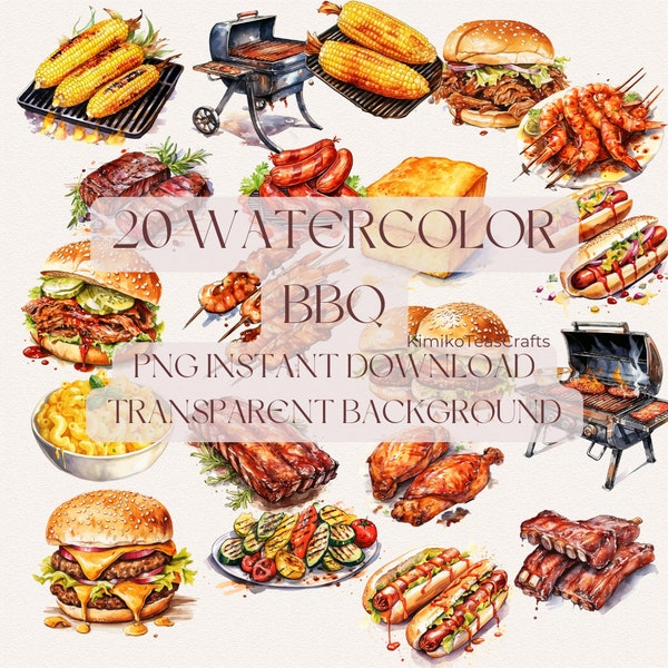 Watercolor BBQ PNG Digital Download Barbeque Clipart Transparent Background Commercial Use Summer Grilling