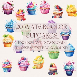 Watercolor Cupcake Clipart PNG Instant Download Commercial Use Transparent Background