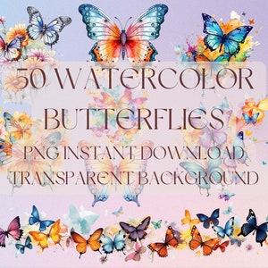 50 borboletas aquarela download digital PNG fundo transparente estética PNG uso comercial borboleta clipart flores arco-íris
