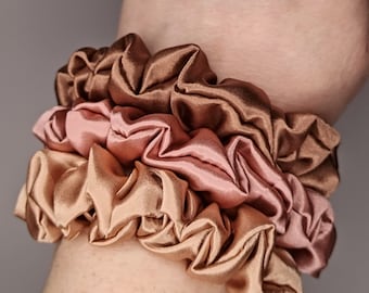 Satin Scrunchie Set: Home Sewn Hair Ties Dusty Rose Coffee Cream Silky