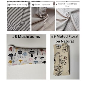 Op de afbeelding: Een selectie van stofstalen voor naaiprojecten. De stalen omvatten wit en zwart ticking, geweven taupe eend, cr&egrave;me en taupe gestreept linnen, paddenstoelen op natuurlijke stof en gedempte bloemen op natuurlijke stof.