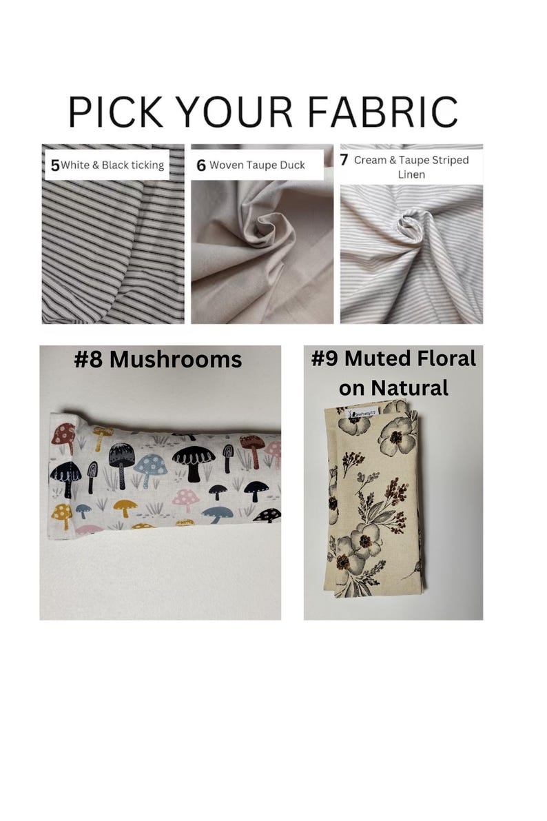 Op de afbeelding: Een selectie van stofstalen voor naaiprojecten. De stalen omvatten wit en zwart ticking, geweven taupe eend, cr&egrave;me en taupe gestreept linnen, paddenstoelen op natuurlijke stof en gedempte bloemen op natuurlijke stof.