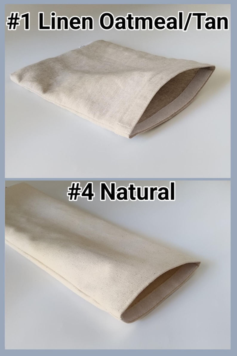 Op de afbeelding: Twee natuurlijke linnen stoffen zakjes, een met het label #1 Linen Oatmeal/Tan en de andere met het label #4 Natural. Beide zakjes zijn gevouwen en hebben een naad langs de bovenrand.