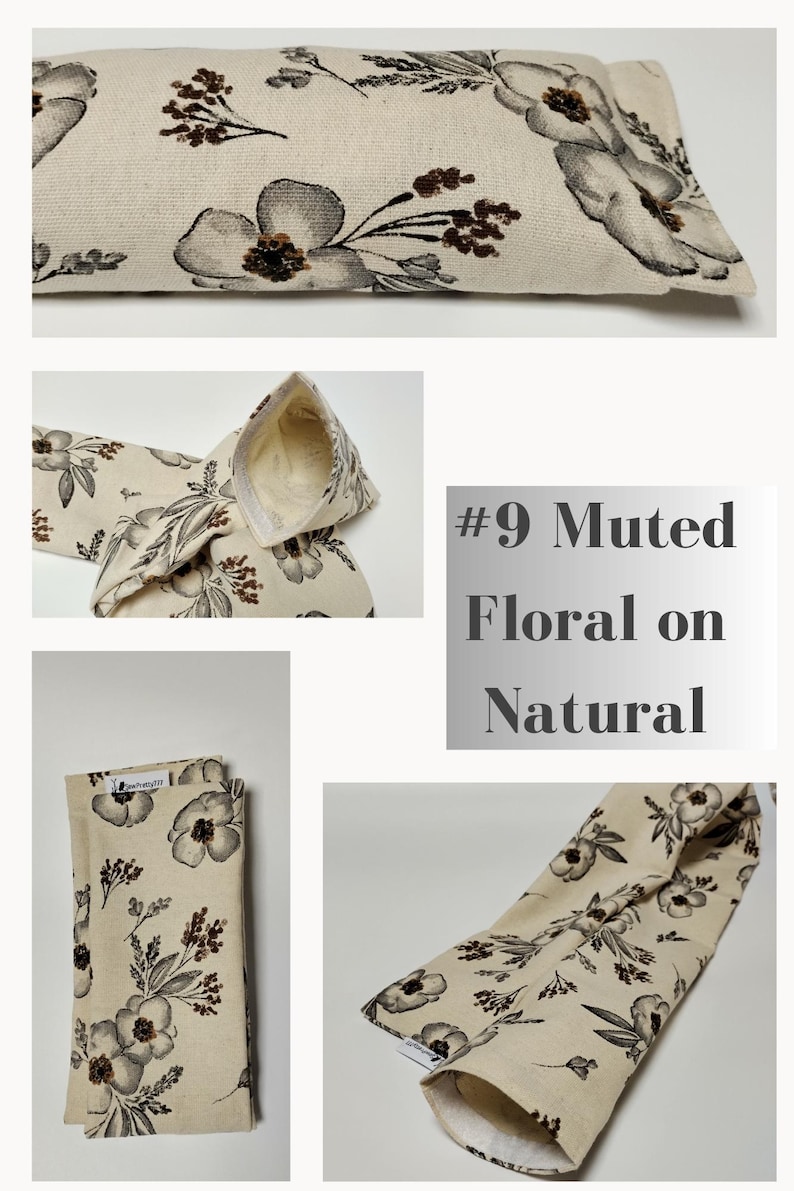 Op de afbeelding: Een beige oogkussen met een gedempt bloemenpatroon in bruine en grijze tinten. Het kussen is gemaakt van natuurlijke stof en heeft een witte voering. De tekst "#9 Muted Floral on Natural" is zichtbaar in de afbeelding.