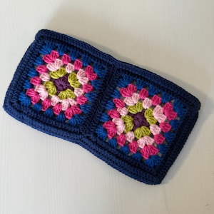 Handmade Granny Square Crochet Pouch – Colorful Boho Clutch Navy Blue Color