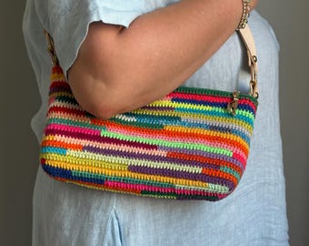Kleurrijke gestreepte gehaakte vintage draagtas - Market Bag-Festival-draagtas - chique dagelijkse handtas met leren handvatten