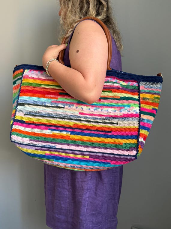 Colorful Crochet Bag – Large Travel Bag – Handmade Striped Travel Bag – Boho Large Crochet Bag