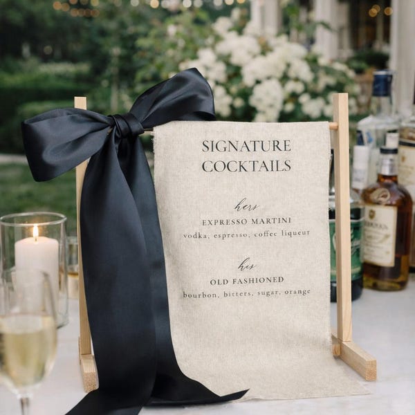 Signature Cocktails Wedding Bar Sign | Linen Drink Menu | Modern Reception Signage with Ribbon Fabric