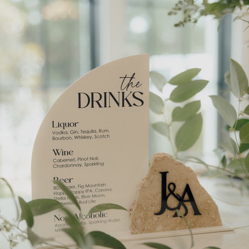 Acrylic Stone Signature Drinks Sign | Layered Menu | Wedding Menu | Table Numbers with Menu | Birthday Menu Table | Travertine Stone