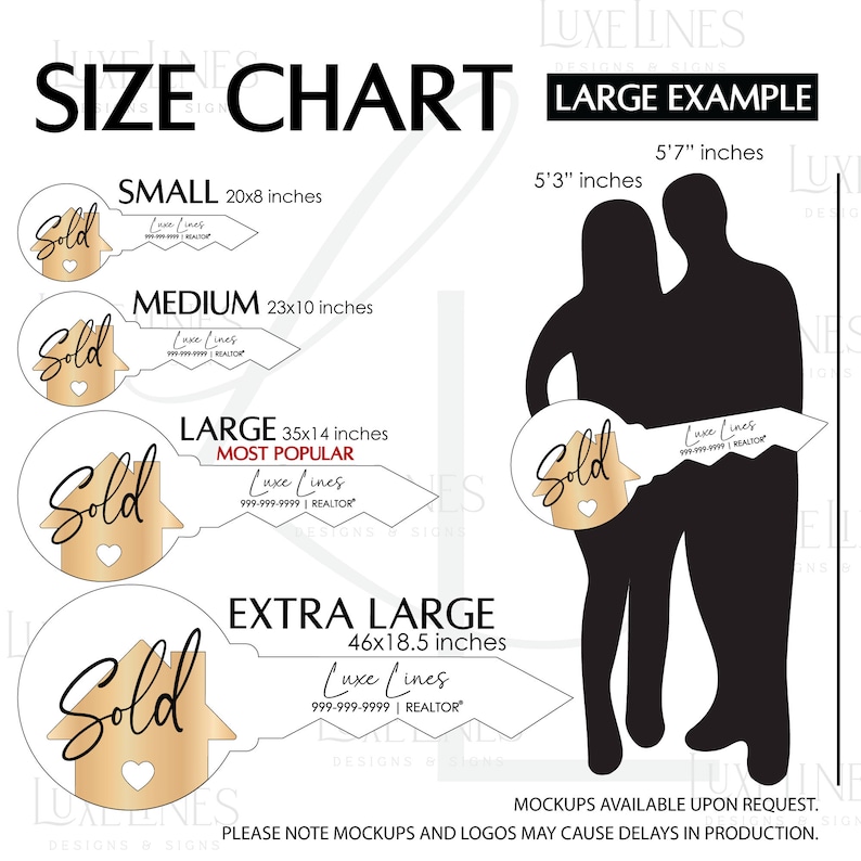 May include: A size chart for key-shaped "Sold" signs for real estate agents. The chart shows four sizes: small (20x8 inches), medium (23x10 inches), large (35x14 inches), and extra large (46x18.5 inches). The signs are gold with a white background and feature a house key design with the word "Sold" in a gold script font. The chart also includes a large example of the sign with a silhouette of two people standing behind it.