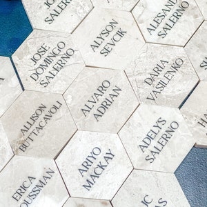 Puede incluir: Primer plano de azulejos hexagonales con nombres escritos en ellos. Los azulejos están hechos de piedra de color claro y tienen una superficie texturizada. Los nombres en los azulejos son Allison Buttacavoli, Jose Domingo Salerno, Jose Salerno, Alyson Sevcik, Gustav Altimari, Alvaro Adrian, Daria Vasilenko, Ariyo Mackay, Adelys Salerno, Erica Groussman, Rolina Meyer, JC Mas y Alesando Salerno.