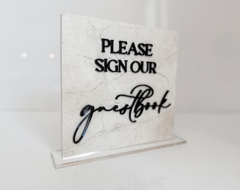 Marble 3D Please Sign Our Guestbook Table Sign | Wedding Sign | Modern Wedding Decor | Favor Sign | Party Tabletop Signs | Gold Mirror