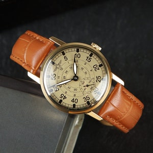 Orologio vintage da uomo Pobeda Aviation, orologio pilota, regalo per gli uomini, orologio meccanico, regalo per lui, orologio militare, regalo per la festa del papà Brown Leather