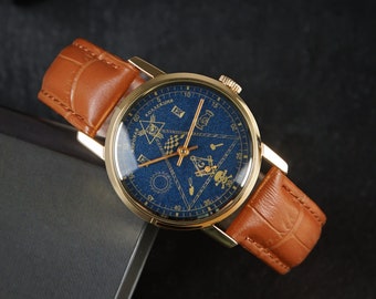 Orologio massonico da polso da uomo vintage, orologio Pobeda, orologio meccanico, orologio blu unico, regalo per gli uomini, regalo vintage