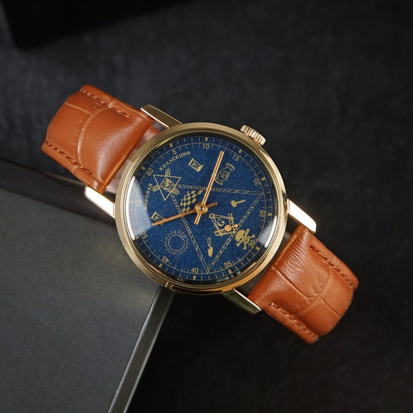 Vintage Mens wrist Masonic watch, Pobeda watch, Mechanical watch, Unique blue watch, Gift for men, Vintage gift