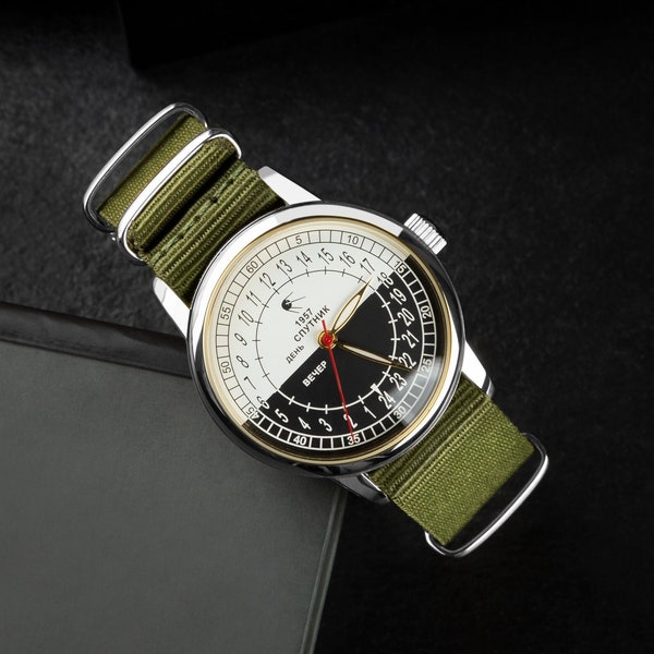 Vintage Mens wrist watch Sputnik Day/Night 24 Hour, Automatic watch, Unique mens watch, Gift for men, Mechanical watch, Retro watch