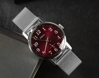 Vintage Mens wrist rare watch Red Pobeda - Victory, Mechanical watch, Unique red mens watch, Wedding gift, Gift for men