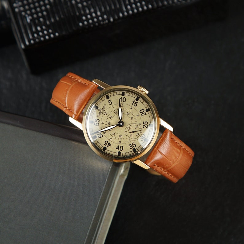 Orologio vintage da uomo Pobeda Aviation, orologio pilota, regalo per gli uomini, orologio meccanico, regalo per lui, orologio militare, regalo per la festa del papà Brown Leather