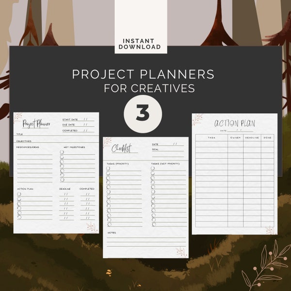 3 set project planner, editable and printable canva template, printable planner for creatives