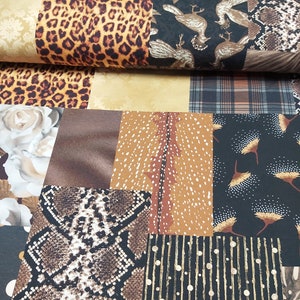 Könnte beinhalten: Ein Patchwork-Stoff mit verschiedenen Mustern, darunter Leopardenmuster, Schlangenhaut, Karomuster und Blumenmuster. Der Stoff ist in Braun-, Schwarz- und Goldtönen gehalten.