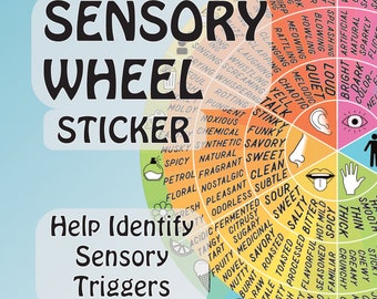 Pode incluir: Um autocolante colorido da roda sensorial com o texto "Sensory Wheel Sticker" e "Help Identify Sensory Triggers". A roda é dividida em secções com palavras que descrevem diferentes experiências sensoriais, como sons, cheiros e gostos.