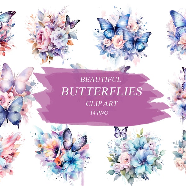 Watercolor Butterflies and Flowers Clipart Set / Butterfly PNG / Digital Download / DIY Creations / Commercial Use