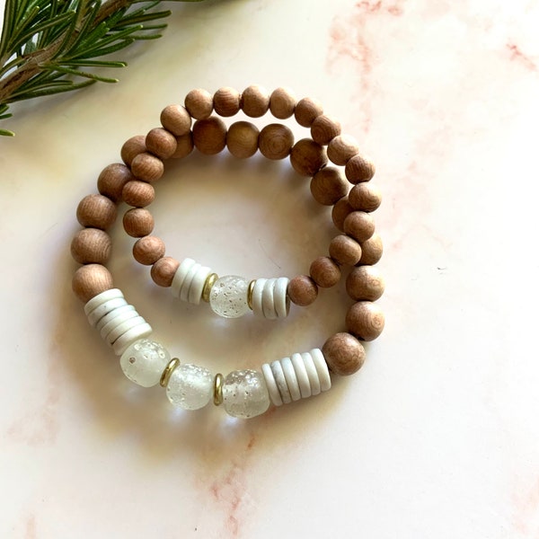 Mother/Daughter Bracelet Duo | Diffuser Bracelets |  Rosewood Bracelets | Clear Ancient Style Java Glass Beads |