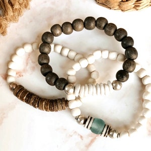 Coconut Shell Coastal Stack | Ethnic Tribal Beads |  Ghana Glass Beads |  Diffuser Wood Bracelets |  BoHo |  Essential Oils | Aroma Therapy