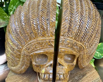 Calligraphy Stone Crystal Skull Bookends - Elephant Skin Jasper / Miriam Stone / Arabic Stone