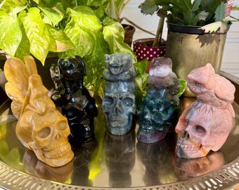 Large Crystal Skull Carving with Spirit Animal/Fairy