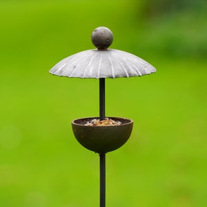 May include: A metal bird feeder with a dome-shaped roof and a bowl filled with birdseed. The feeder is mounted on a metal pole.