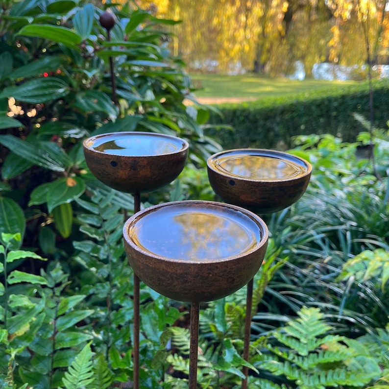 Large rain catchers made of metal which rust over time, filled with water, birds drawn to bathe, green foliage in background