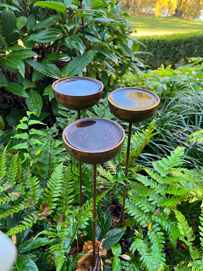 Large rain catchers made of metal which rust over time, filled with water, birds drawn to bathe, green foliage in background