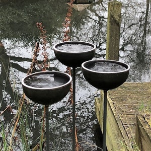 Large rain catchers made of metal which rust over time, filled with water, birds drawn to bathe, pond in background