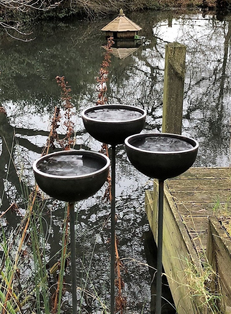 Large rain catchers made of metal which rust over time, filled with water, birds drawn to bathe, pond in background