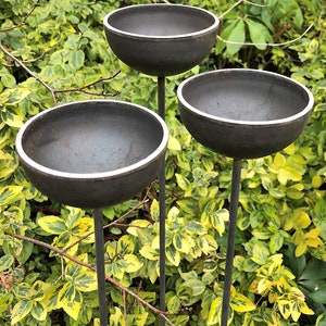 Large rain catchers made of metal which rust over time, can be filled with water, birds drawn to bathe, green foliage in background