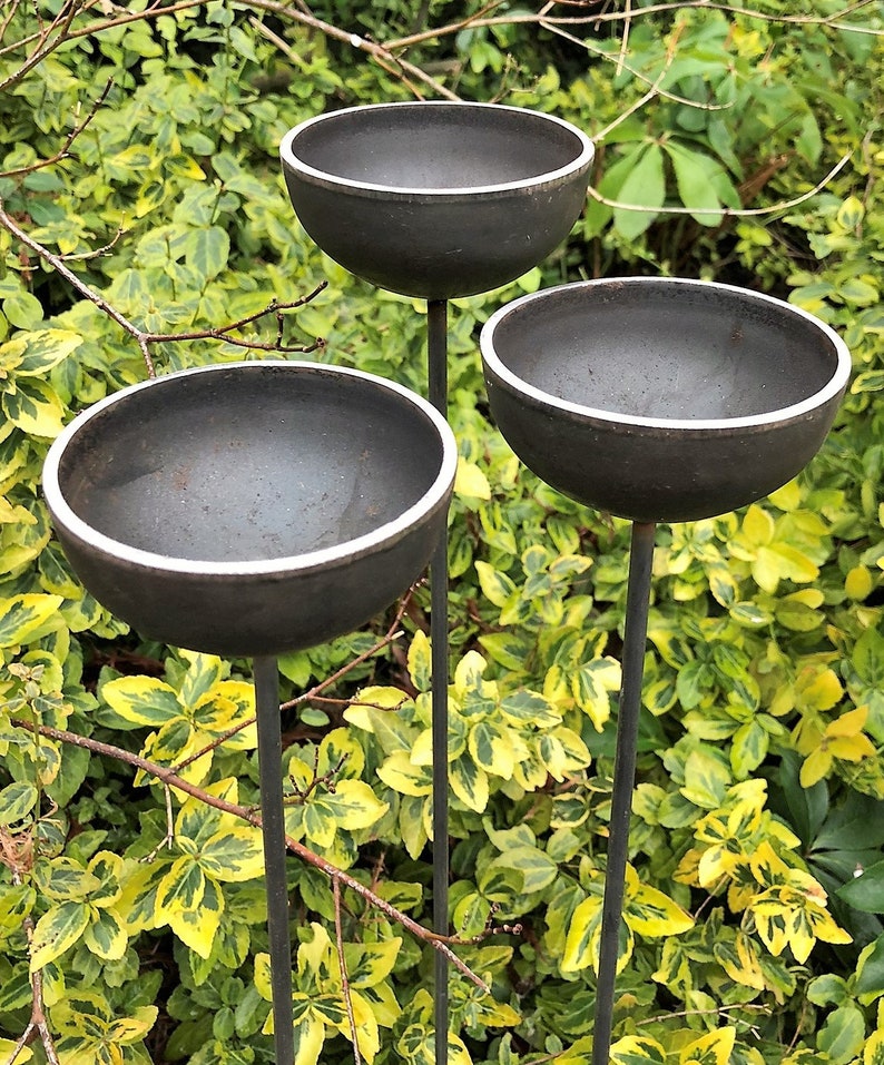 Large rain catchers made of metal which rust over time, can be filled with water, birds drawn to bathe, green foliage in background