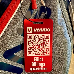 May include: Red rectangular tag with a white Venmo logo, a QR code, and the text "Elliot Billings @elliotbillings".