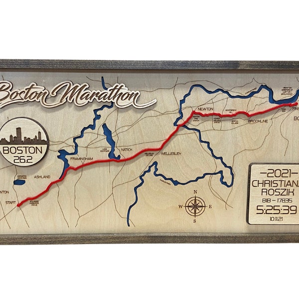 Boston Marathon Custom Laser Engraved Finisher Plaque Course Route Map Sign