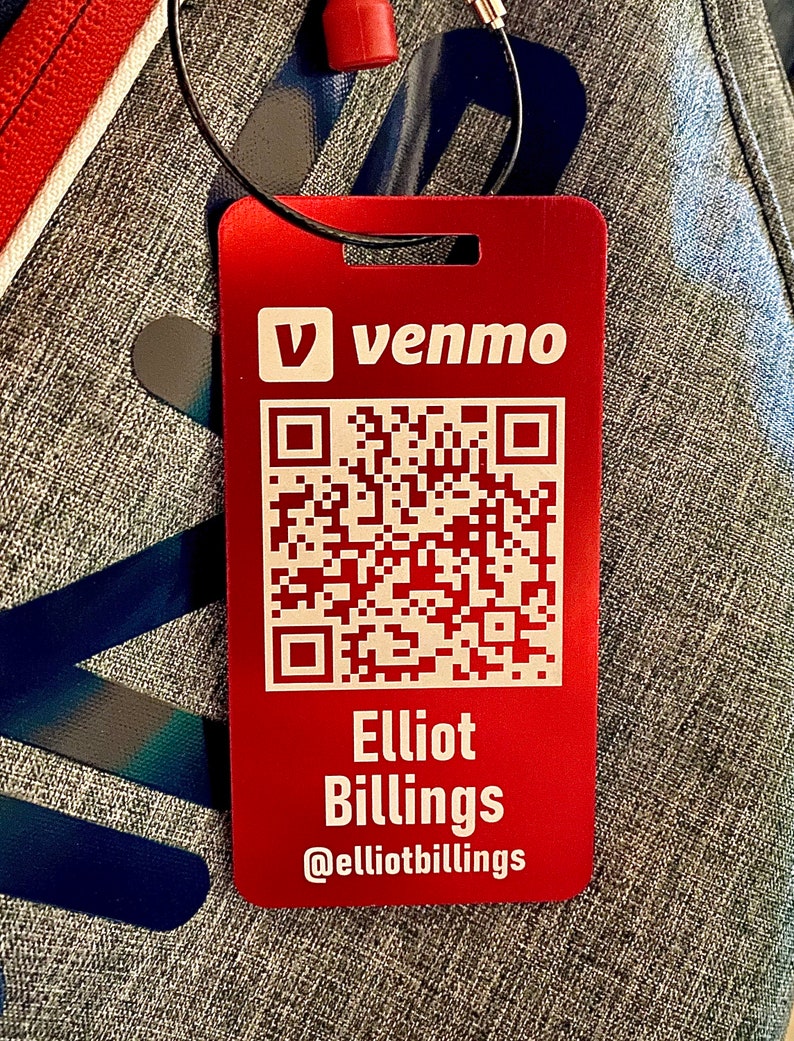 May include: A red rectangular tag with a white Venmo logo, a QR code, and the text "Elliot Billings @elliotbillings".