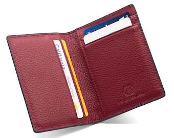 The Tanned Cow- Slim Minimalist Cardholder Wallet for Men Women, Mini Bifold, Compact, Front Pocket (Bubble leather, Black/ Sangria Red)