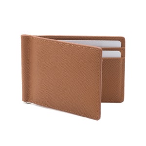 The Tanned Cow Super Slim Bifold Wallet- Genuine Leather Minimalist Front Pocket Wallets para hombres con clip de dinero, bloqueo RFID (marrón)