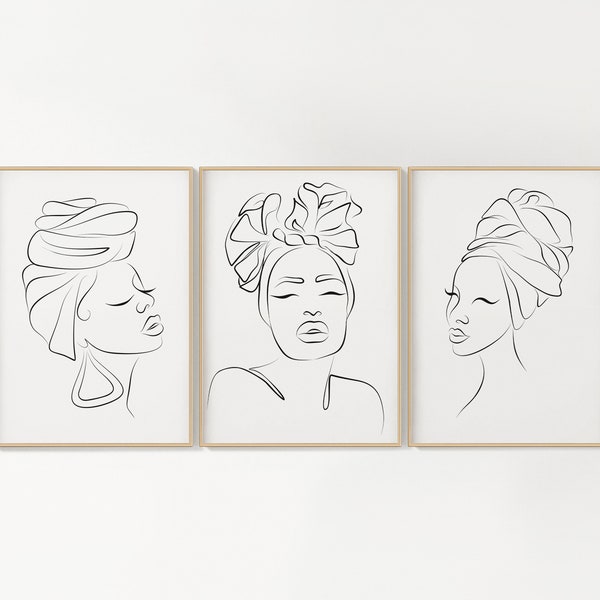 Black Woman Wall Art Set,Black Woman Turban Portrait Line Drawing, African American Art,Afro Black Woman drawing, Afro Woman Minimalist Art,