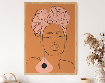 Black Woman One Line Printable Art Terracotta, Boho Woman Art Print, Black Woman Portrait Line Drawing, Modern Woman Art, Afro Wall Decor