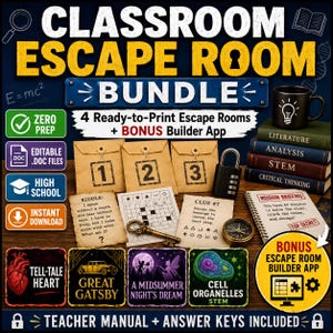 May include: A classroom escape room bundle featuring four ready-to-print escape rooms and a bonus builder app. Includes three numbered envelopes, a metal padlock, a brass key, a compass, a riddle card, a clue sheet, and a mission briefing notebook.
