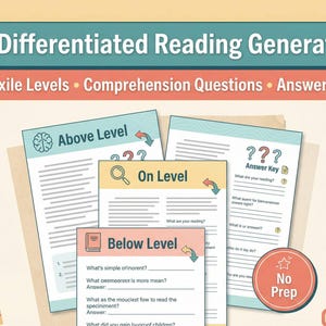 May include: Educational materials featuring "AI Differentiated Reading Generator" with 3 Lexile levels, comprehension questions, and an answer key. The image displays worksheets labeled "Above Level," "On Level," and "Below Level," with a "No Prep" badge.