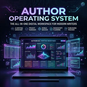 May include: A laptop displaying the "AUTHOR OPERATING SYSTEM" interface, a digital workspace for writers. The screen shows various data visualizations and application icons. The text includes "AI Writing Assistant," "Project Manager," and "Publishing Tracker."